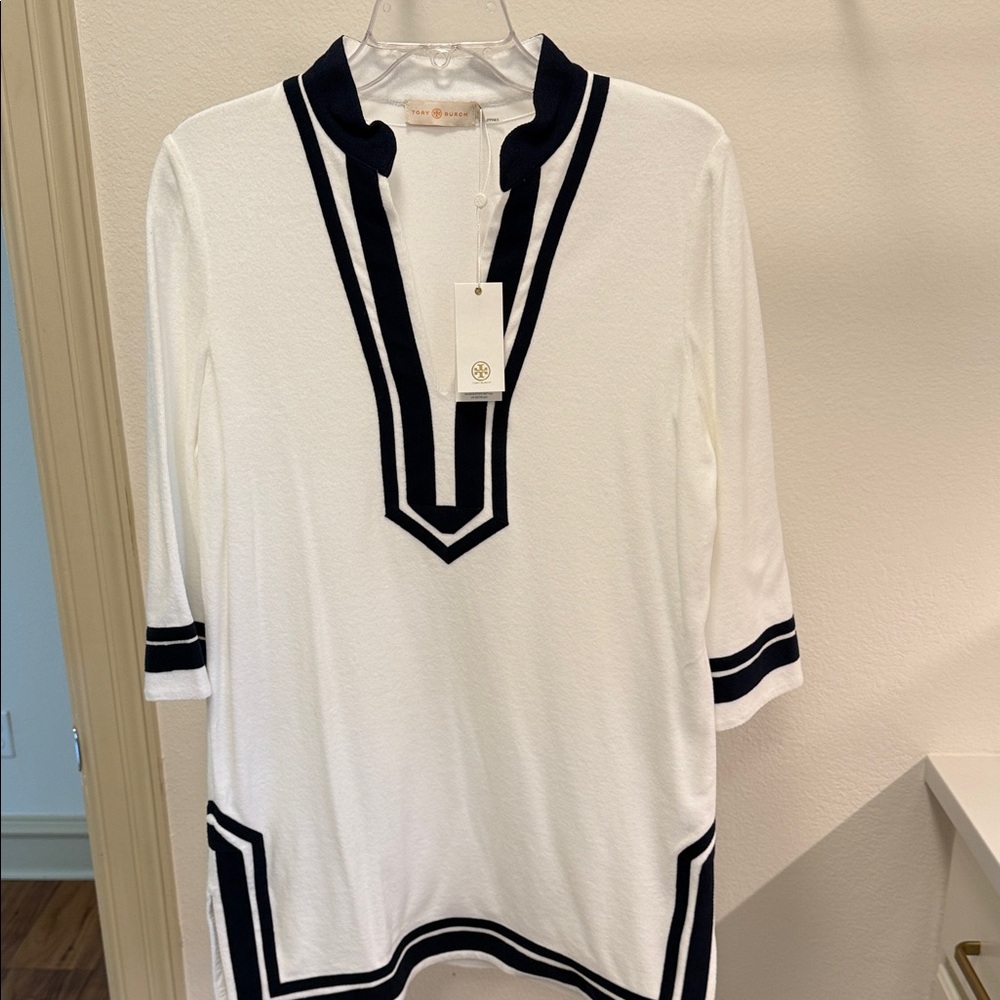Tory Burch White Tunic with Navy Trim